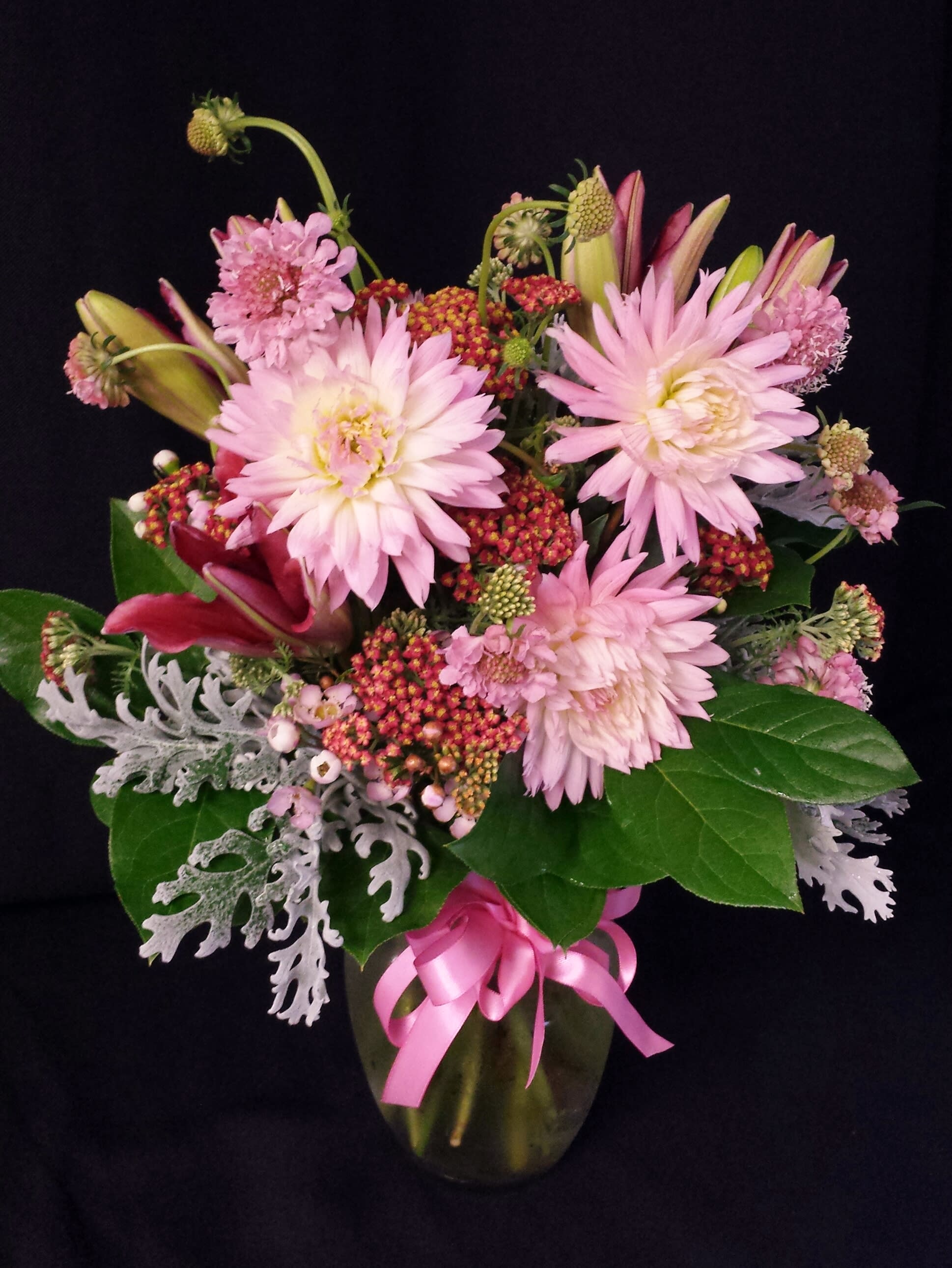 Spring Mix Dahlia small vase - Lovely gift for valentine's day OR just because; this sweet mix of pink spring flowers includes an assortment of locally grown California farm flowers and greenery.  Flowers may vary; Always order about 2 weeks early when you desire something specific for delivery.
