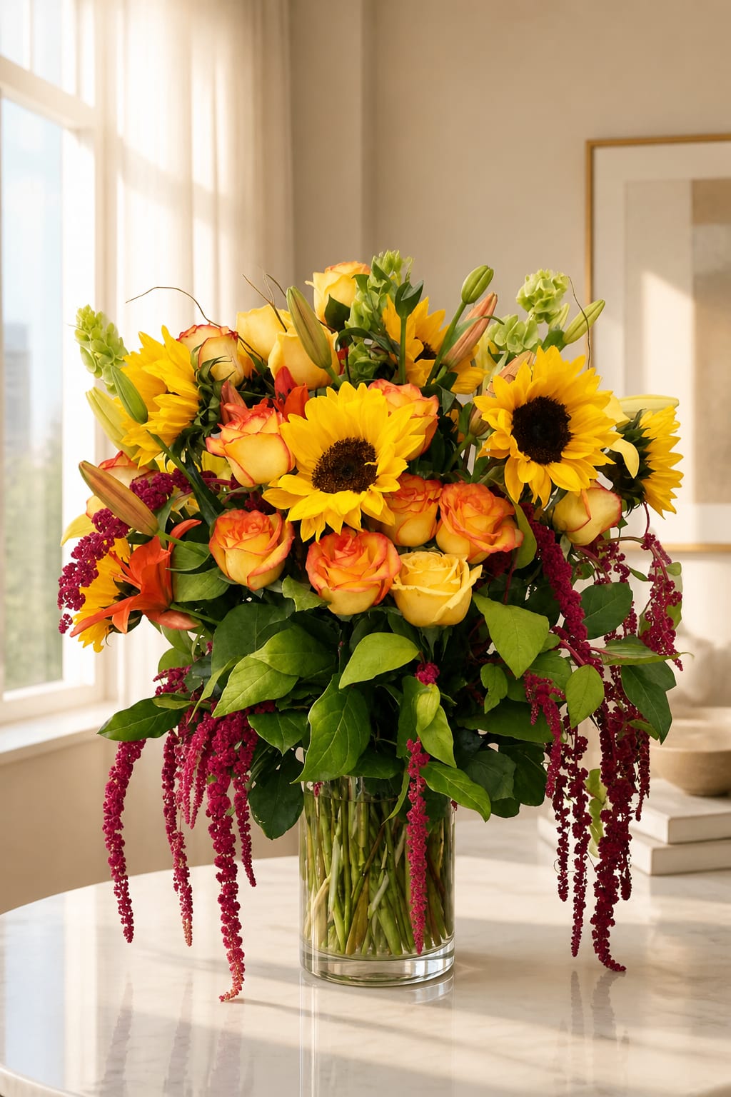 Bouquet of yellow sunflowers and orange-tipped roses in a clear glass vase