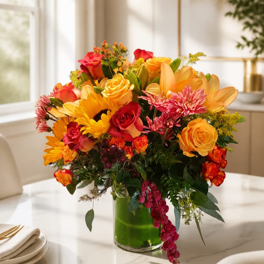 Mixed bouquet of roses, lilies, and sunflowers in a glass vase
