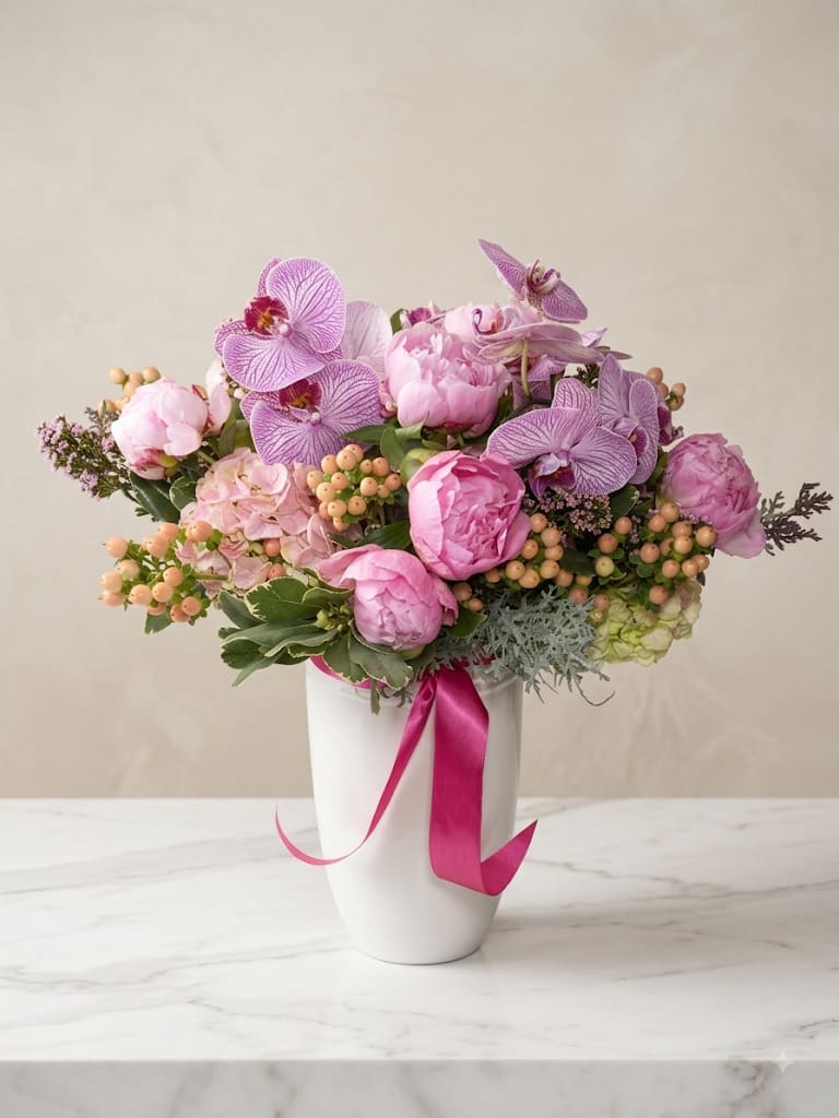 Pink and lavender floral arrangement in a white vase with a ribbon
