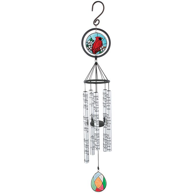 "Heaven In Home" 35" Stained-Glass Sonnet Chime - These beautiful Stained Glass Sonnet Chimes feature five center-pinned tubes that produce soft, soothing tones. The handcrafted glass header and sail are sculpted, hand-painted, and finished on both sides for an elegant display.  Chime tube inscription reads: "Because someone we love is in Heaven, there's a little bit of Heaven in our home."  - Overall size: 35" L x 4" W - Five powder-coated aluminum tubes (7/8" diameter) - Durable powder-coated aluminum construction - Adjustable striker for personalized sound