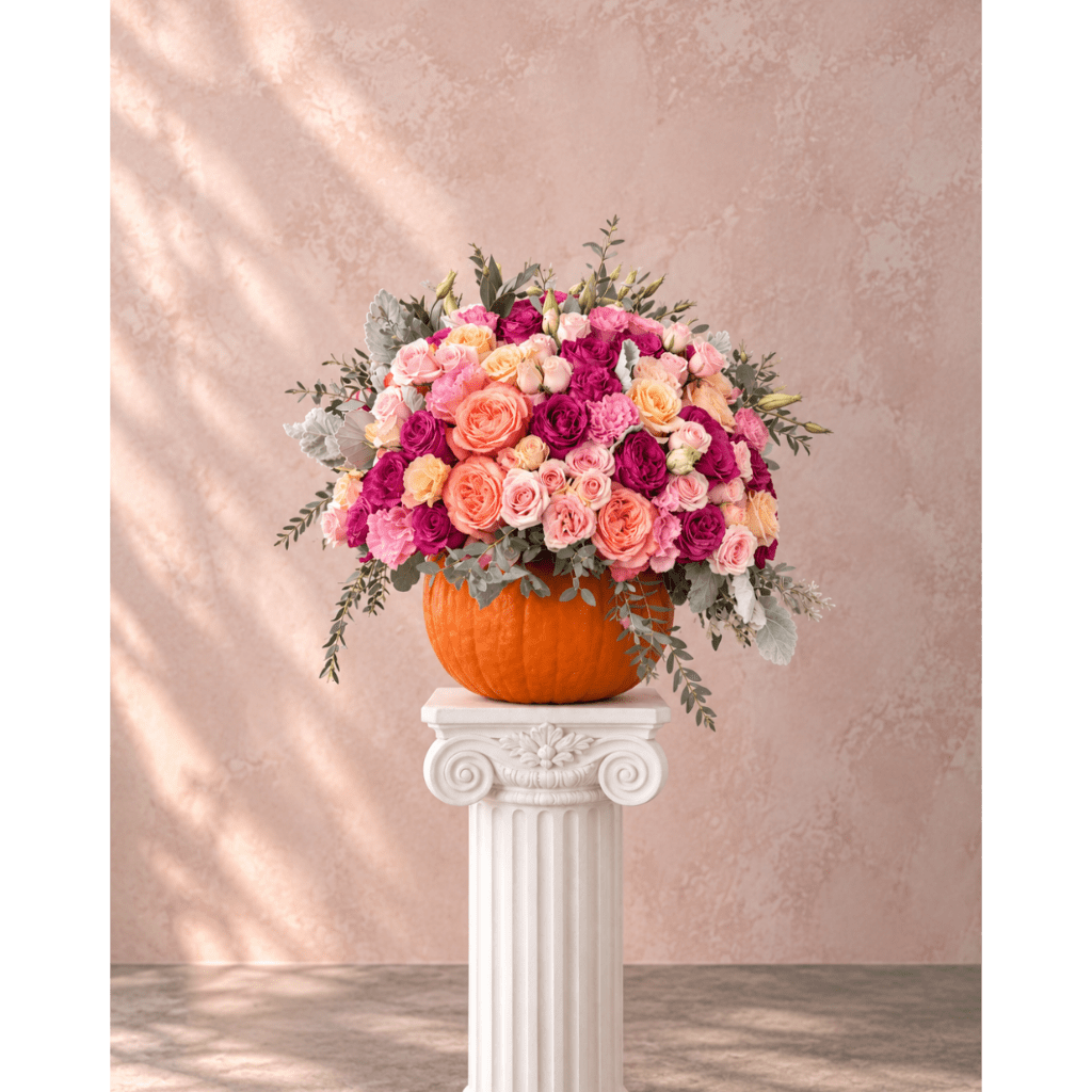 Pink and peach rose arrangement in a pumpkin vase on a white pedestal