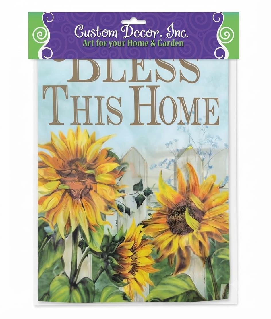 Decorative sign with sunflowers and the words "Bless This Home"