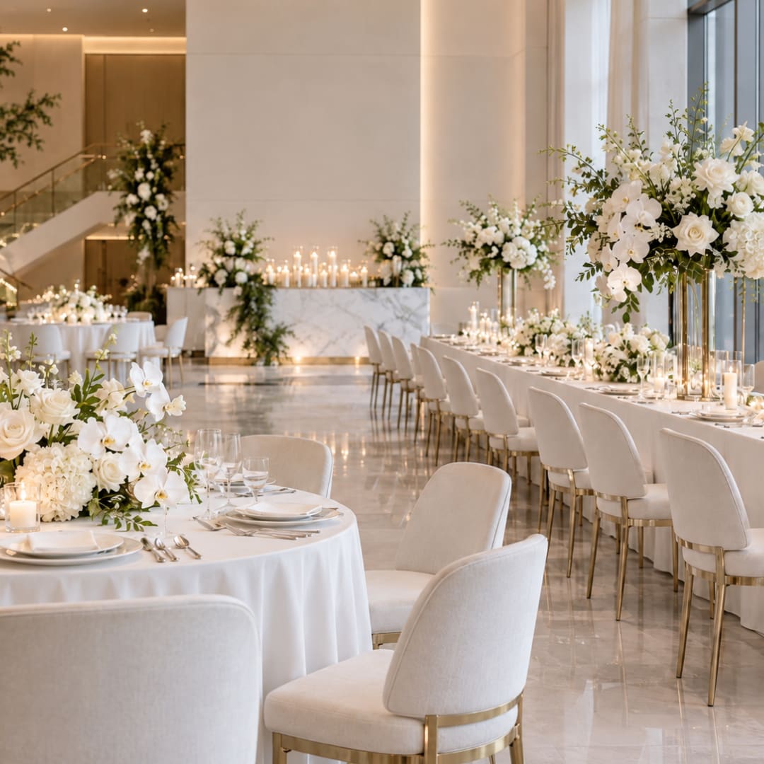 White floral centerpieces on long wedding reception tables in a bright ballroom