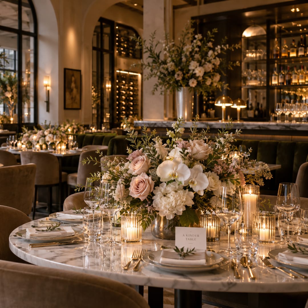 Large white and blush floral centerpiece on a set dining table