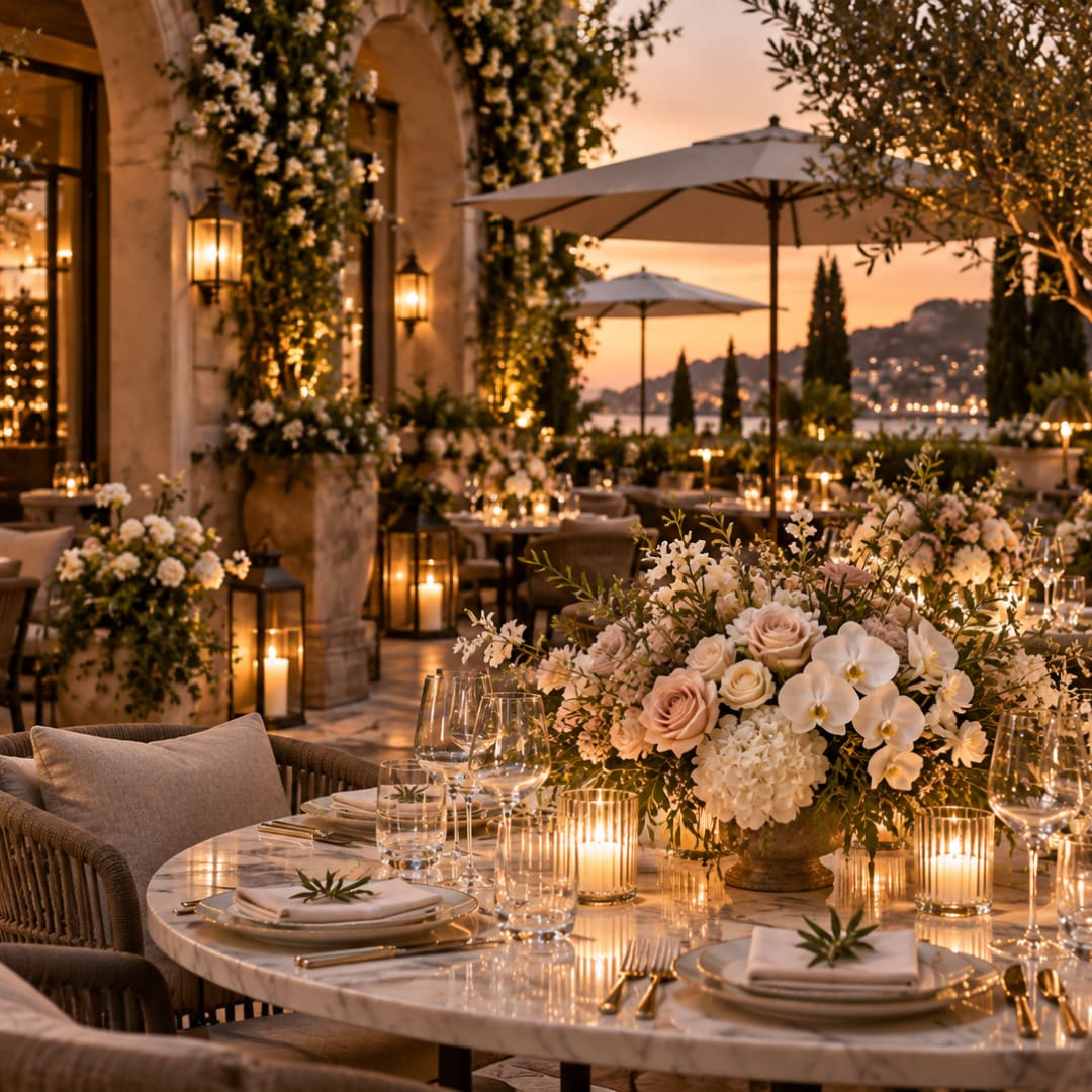 Elegant outdoor table centerpiece with white and blush flowers at sunset