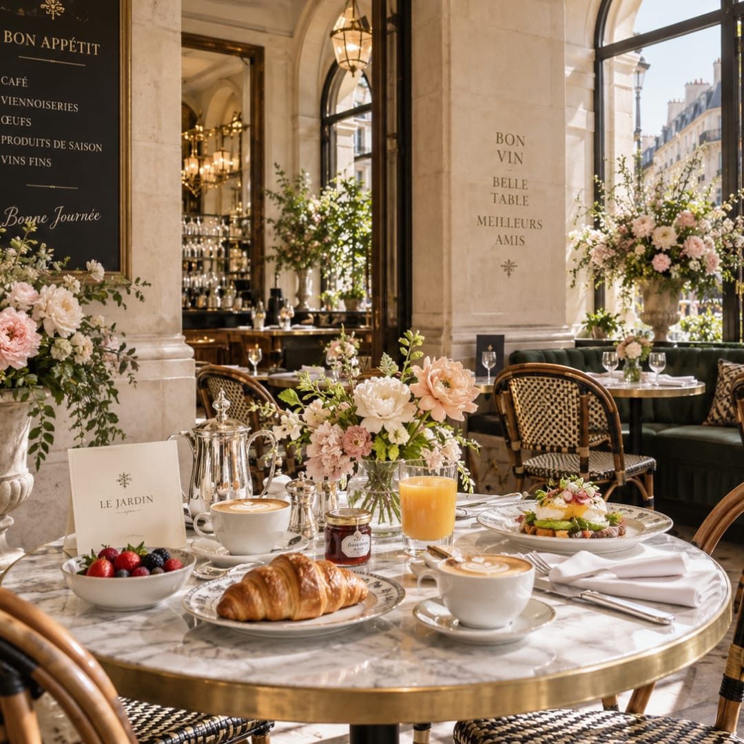 Floral centerpieces on a café table with pastries and coffee