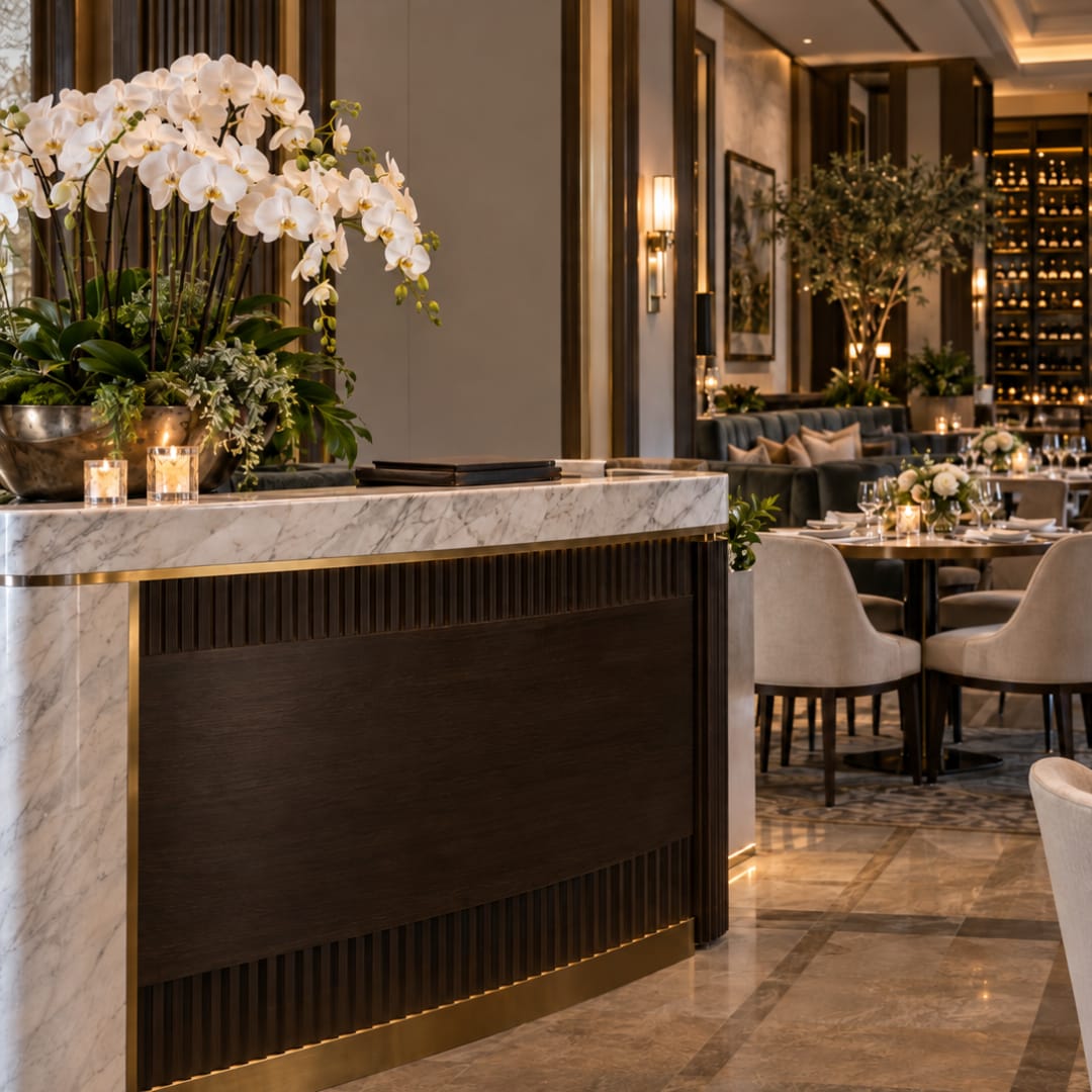 Tall white orchid arrangement in a marble planter on a hotel counter