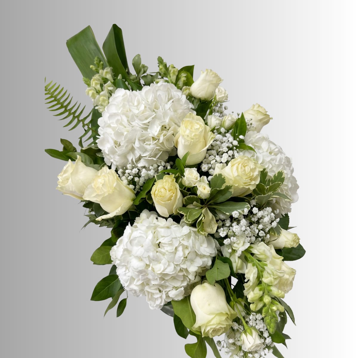White roses and hydrangeas arranged with greenery in a bouquet