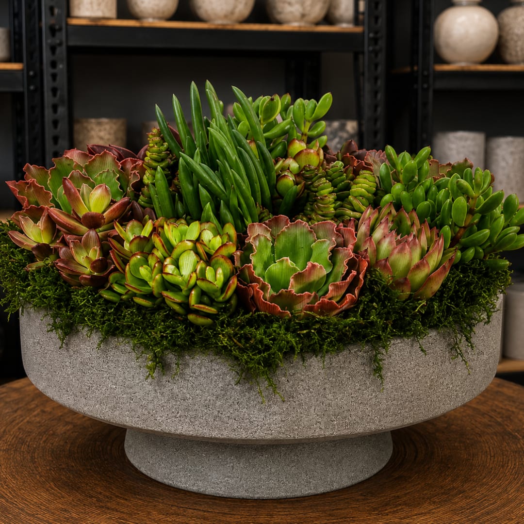 Succulent arrangement in a gray pedestal bowl with moss trim