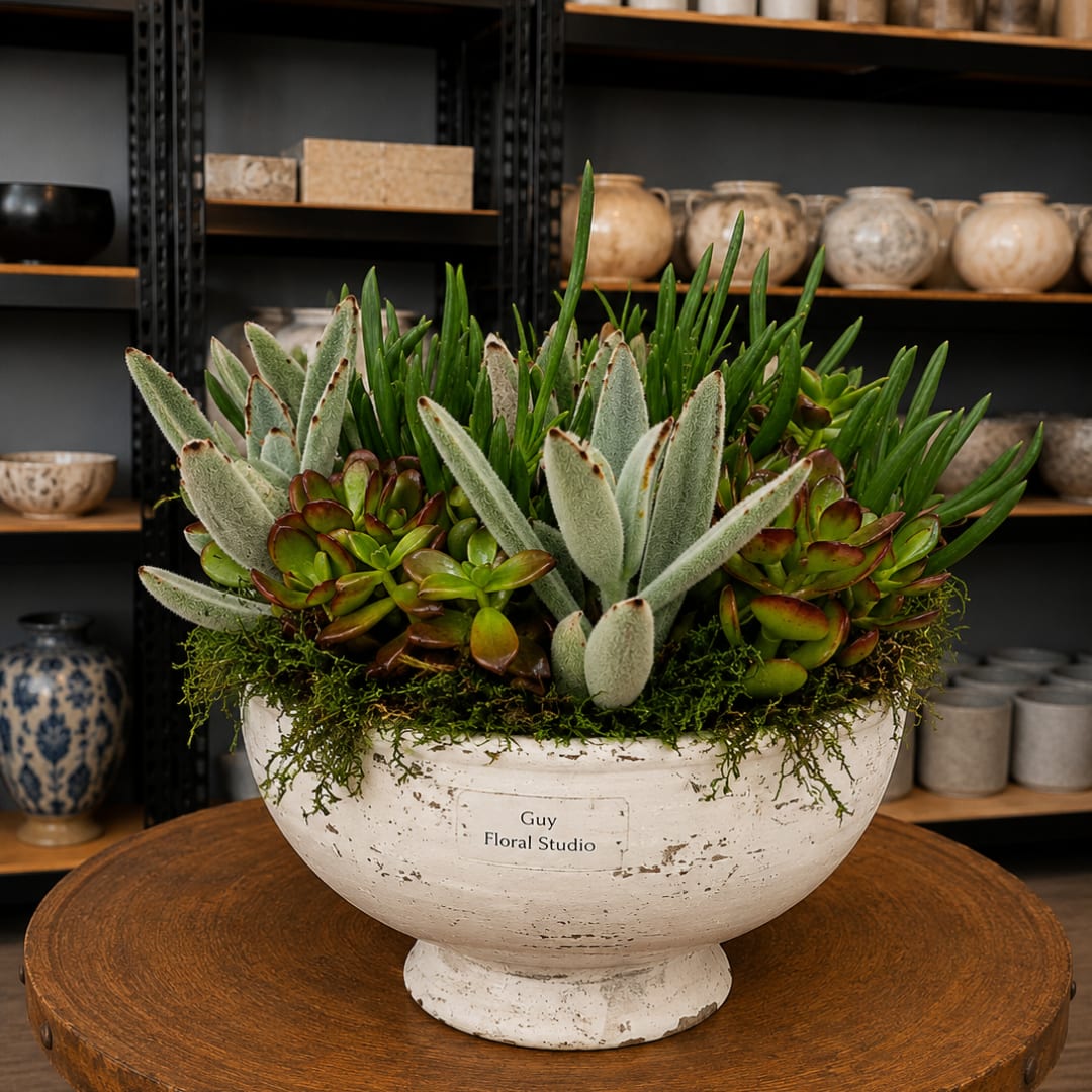 Succulent arrangement in a white pedestal bowl