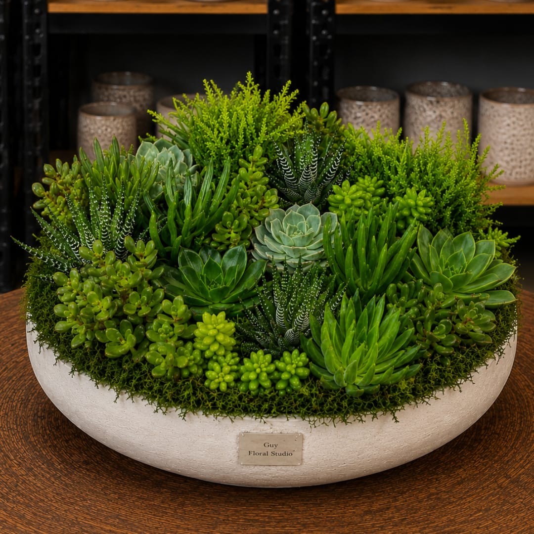 Round succulent arrangement in a white bowl planter
