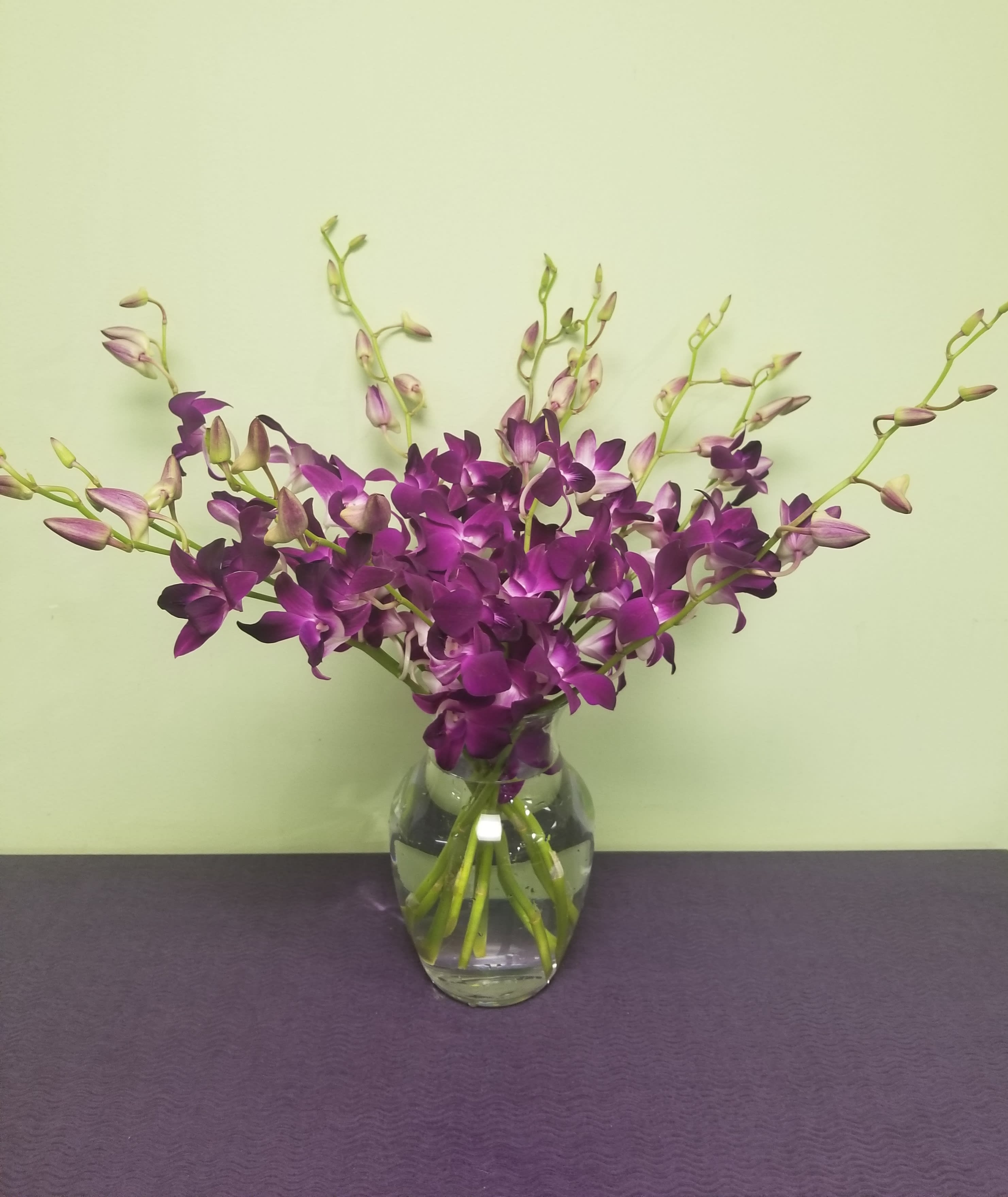 Purple orchids arranged in a clear glass vase