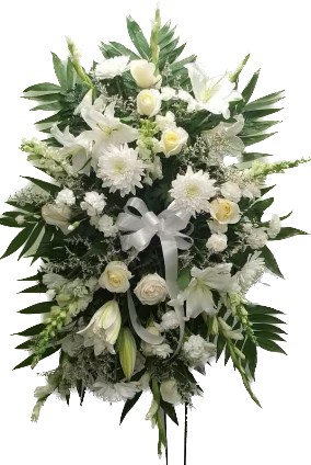 All White Standing Spray - This standing spray is the perfect sympathy arrangement at your loved ones funeral service. This includes Lilies, Roses, Chrysanthemums, Gladiolus, Limonium, Larkspur, Snapdragons, and assorted greens. 