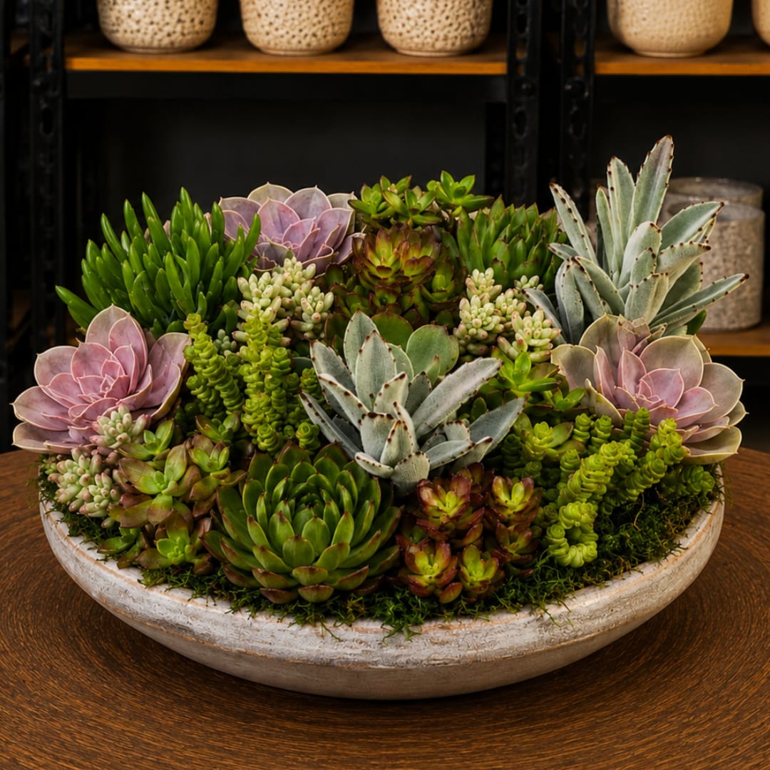 Succulent arrangement in a shallow white bowl