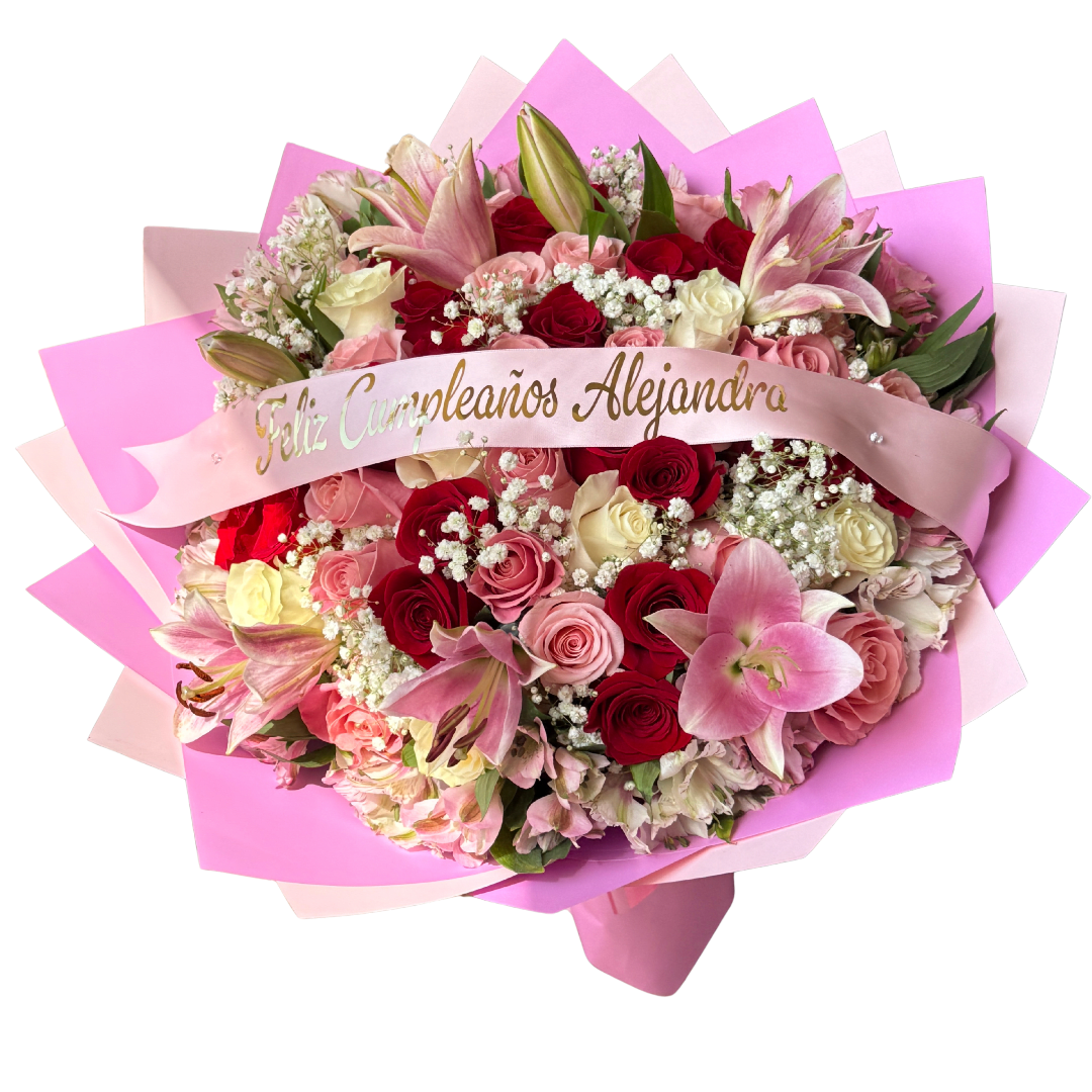 Pink and red rose bouquet with lilies and a birthday ribbon
