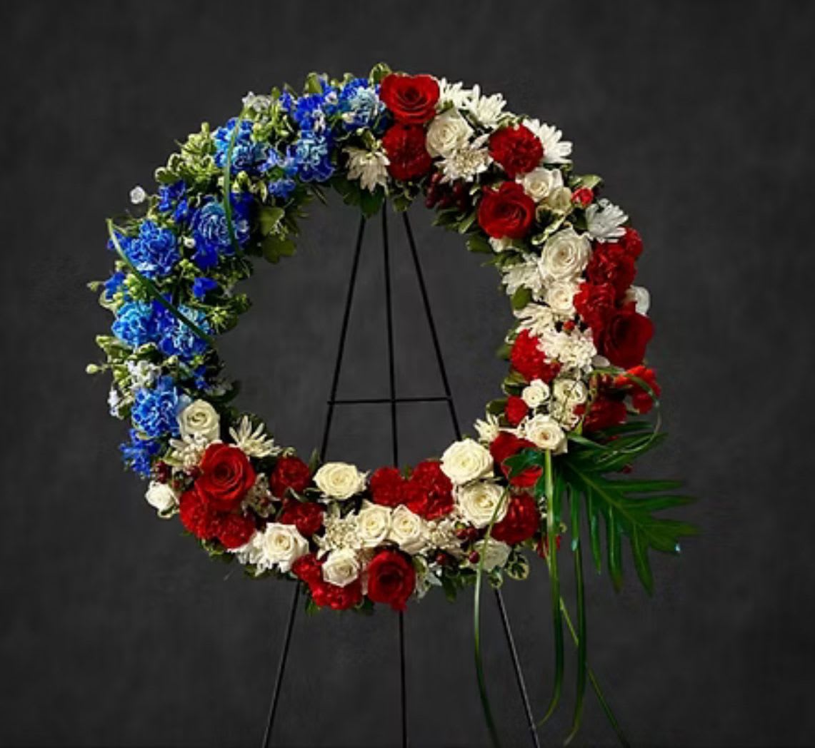 RED WHITE &amp; BLUE WREATH TRIBUTE  - A tribute for your beloved family, friend, and neighbor.   Call for custom sizing and pricing to meet your needs