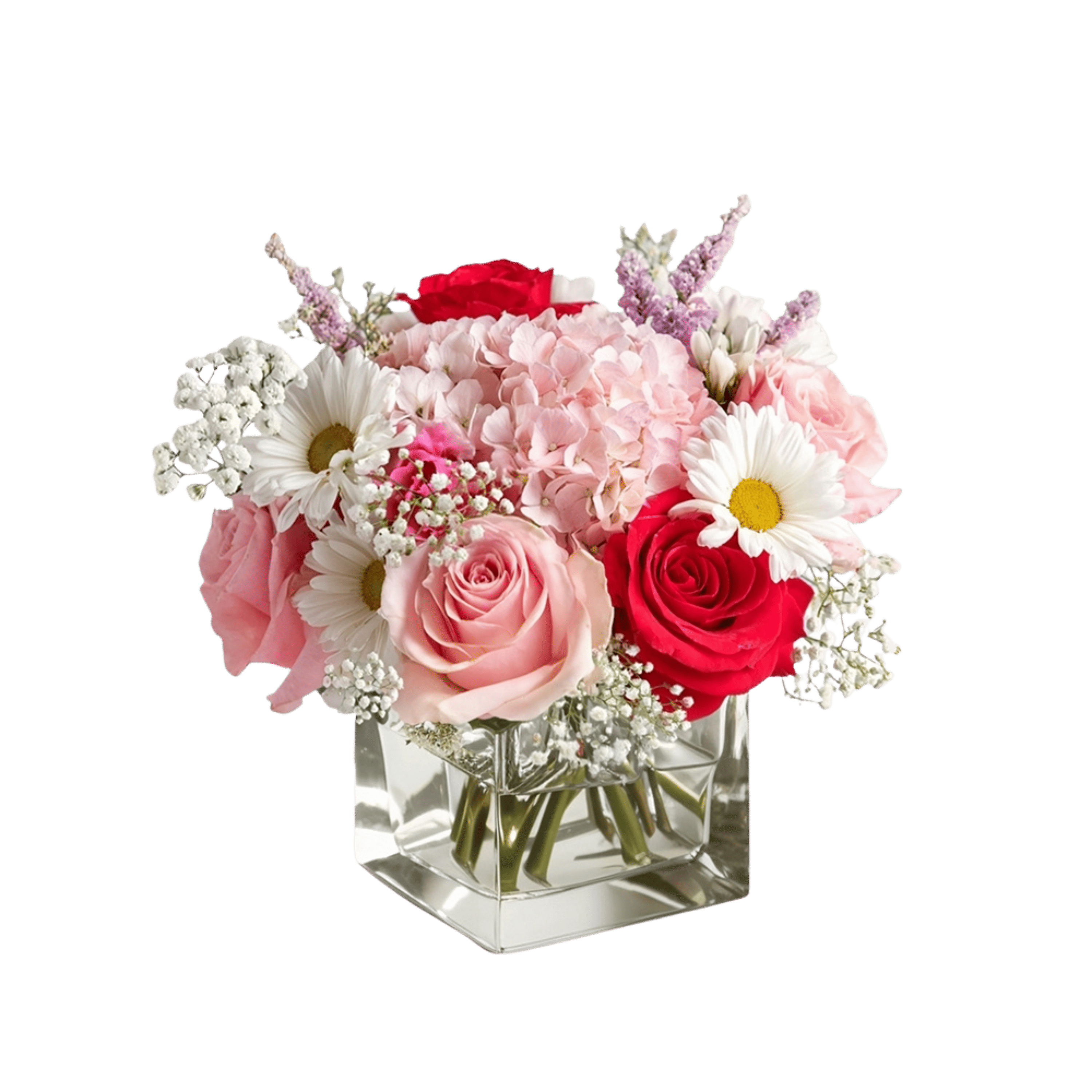 Pink and red roses with daisies in a clear square vase