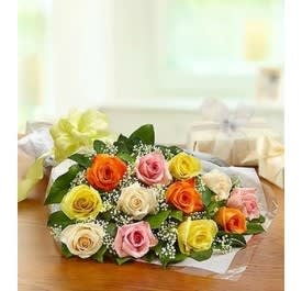 Bouquet of multicolored roses with baby's breath