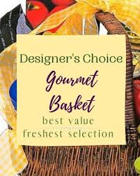 Designer’s choice gourmet basket with a yellow sign