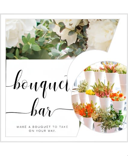 Bloom Bouquet Bar Rental (Call For Availability) - Give your guests a fun and creative experience along with the gift of a beautiful hand wrapped flower bouquet to take home. Our bloom bar comes fully stocked with all the floral elements needed to make a beautiful handheld bouquet. Our personalized Bloom Bar is the perfect addition to your next event. From baby showers and bridal showers to birthday parties and corporate events. This service includes: a variety of personalized, seasonally appropriate blooms and greens to coordinate with your event, beautiful signage instructions on assembling the bouquet, on site delivery, set-up and removal, three-tiered metal stand with floral buckets for floral display, bouquet wraps, ribbons and all additional materials needed for guests to create a mini bouquet (no vase). 