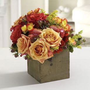 Happy Harvest - Sneak in this Happy Harvest before Jack Frost bites! It's a fun fall gathering of fragrant roses and mixed blossoms, accented with ruby red apples
