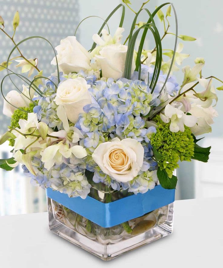 White roses and blue hydrangeas in a clear square vase with a blue band