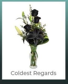 Black roses in a clear glass vase with the words "Coldest Regards" below