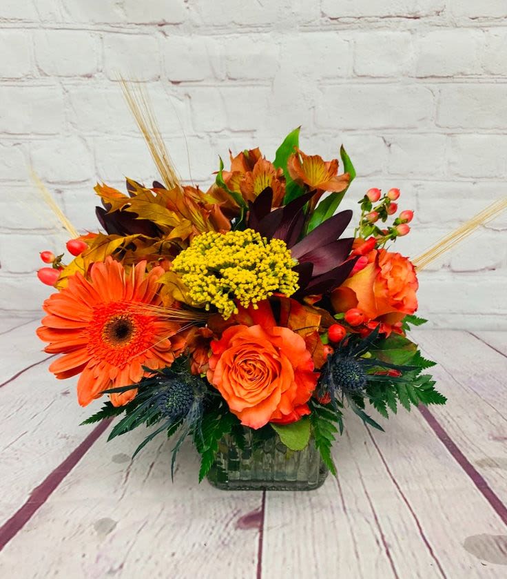 Trendy Autumn Cube  - Celebrate the colors of the season with Trendy Autumn, a stylish and modern fall flower arrangement bursting with rich orange roses, gerbera daisies, golden yarrow, and deep burgundy accents. Touches of wheat, berries, and lush greenery complete this bold, seasonal design — all beautifully arranged in a contemporary cube vase. Perfect for Thanksgiving décor, fall birthdays, or simply bringing warmth into your home, this handcrafted bouquet captures the spirit of autumn in every petal. Created by your local Omaha florist with fresh, premium blooms and available for same-day if ordered before 12 noon central time flower delivery.