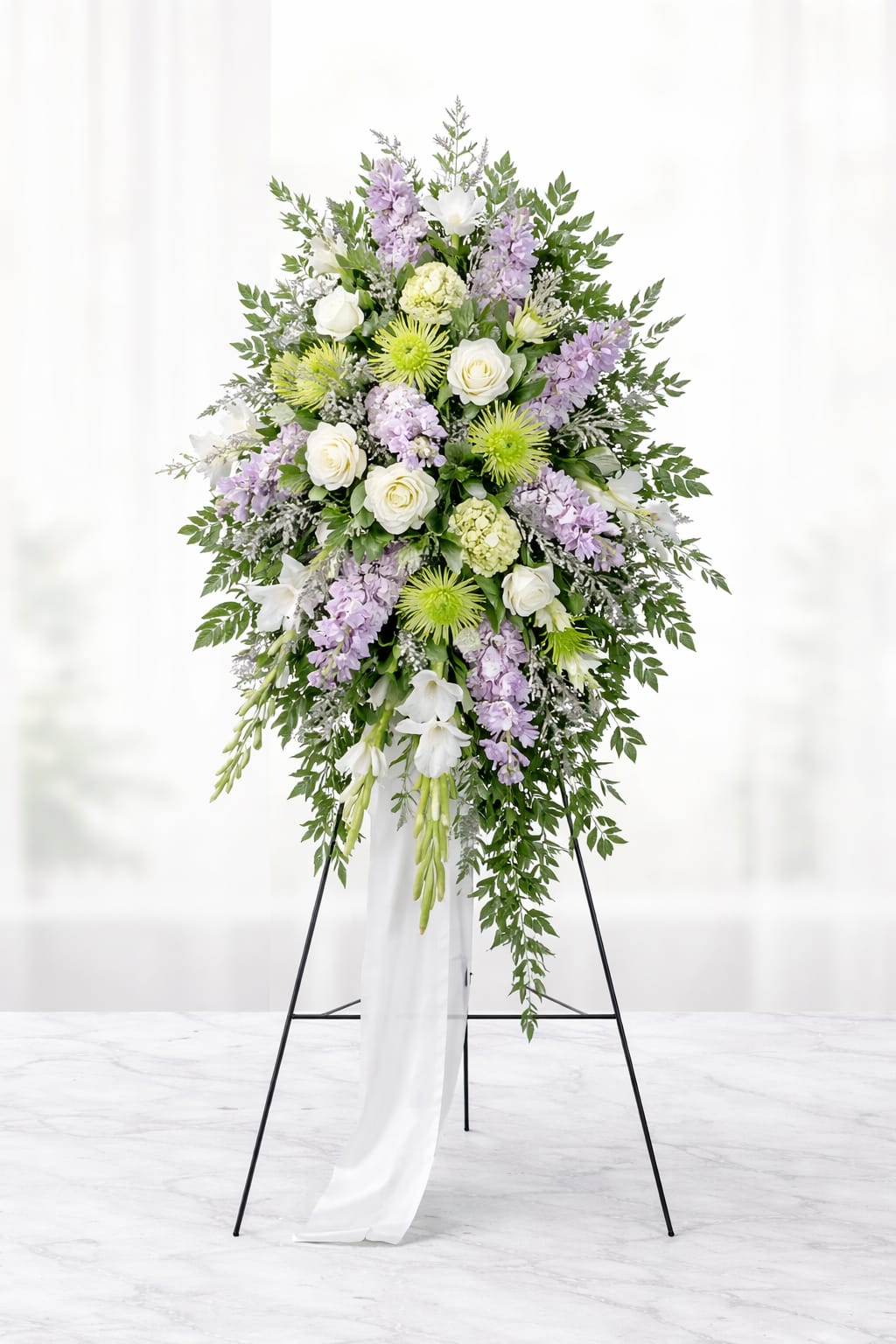 Serene Lavender Standing Spray - The Serene Lavender Standing Spray is a graceful, coordinating tribute designed to complement the Serene Lavender Full Casket Spray. This standing spray features soft lavender stock, white roses, green hydrangea, spider mums, snapdragons, and delicate seasonal accents, arranged with flowing greenery for a calm and elegant presentation. Handcrafted by an experienced Omaha florist, this spray offers a soothing palette of lavender, white, and soft green tones, making it a thoughtful choice for funeral and memorial services. Designed on an easel, it provides a beautiful vertical presence for services, visitations, or celebrations of life. Details Style: standing spray (easel included) Color palette: lavender, white, soft green Design: garden-inspired, full, and flowing Coordinates with Serene Lavender Full Casket Spray Flower varieties may vary slightly based on seasonal availability while maintaining the overall color palette and fullness.