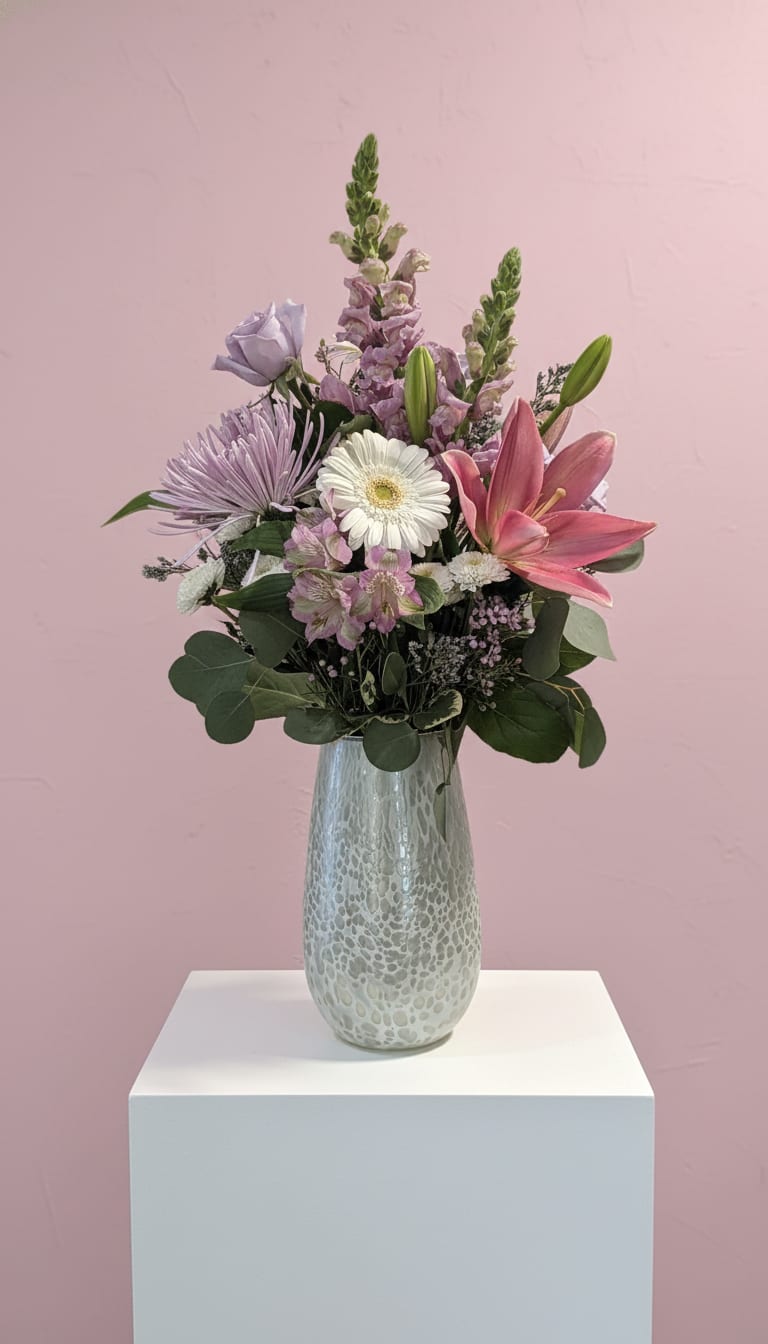 Spiritual Aura - White, soft pastel pinks and airy lavender blooms lift upward in a garden-style display that feels both cheerful and refined - an ideal flower arrangement for a spring birthday, a heartfelt thank-you, or simply to brighten someone's day. This flower arrangement brings complementary textures to create a gentle, uplifting presence that makes the recipient feel truly noticed. All Around 15'Wx25" H