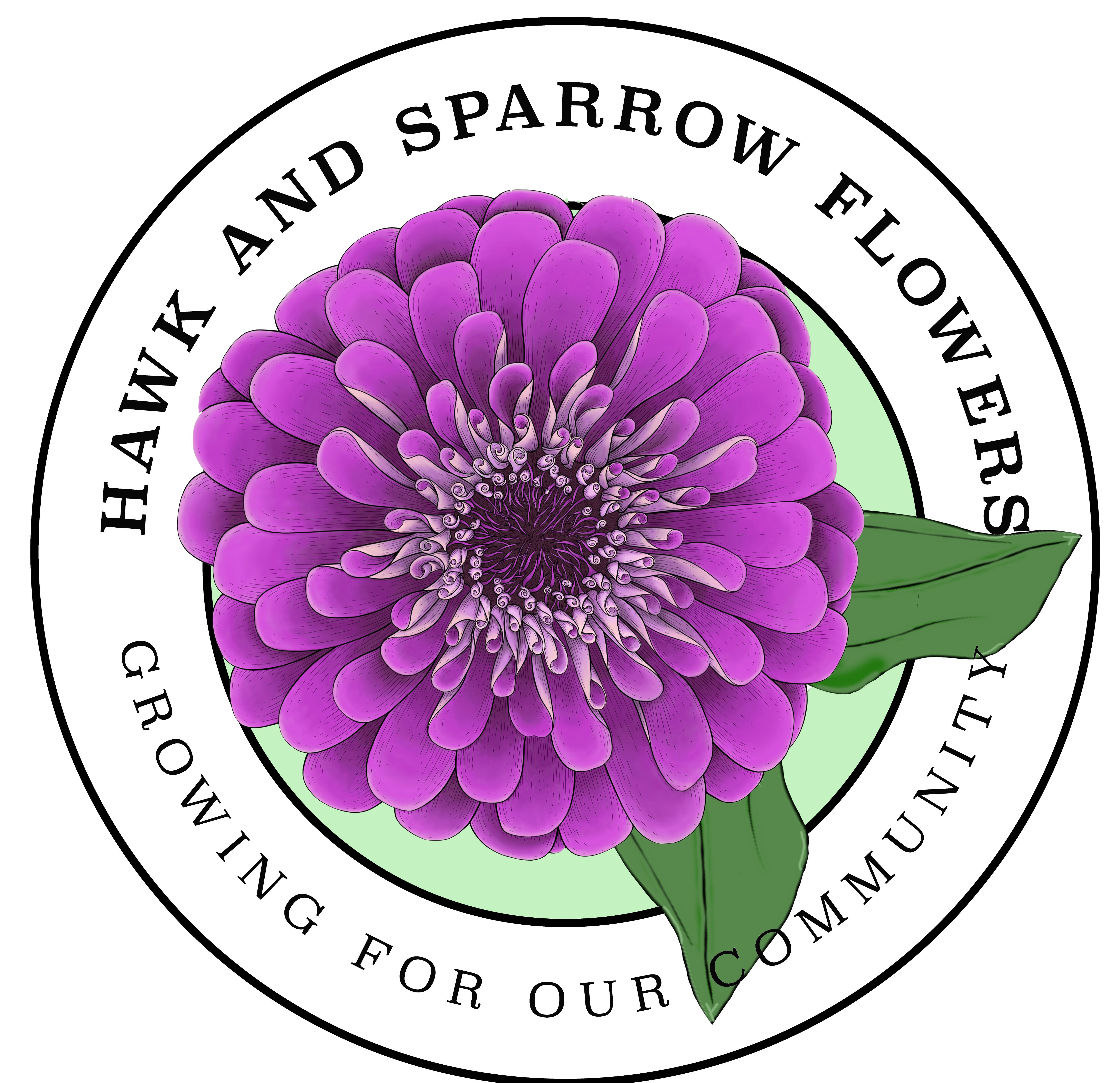 Purple flower logo with circular text and green leaves