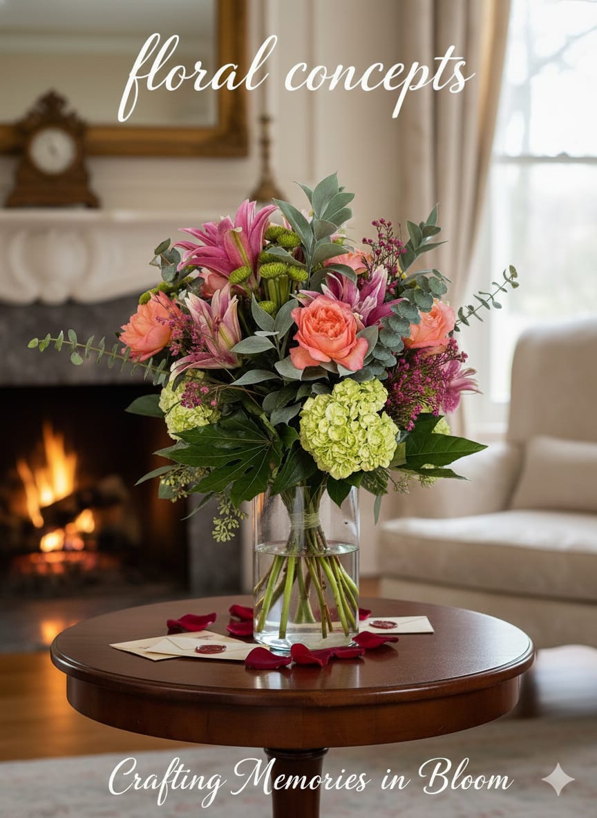 Bouquet of pink and coral flowers in a clear glass vase