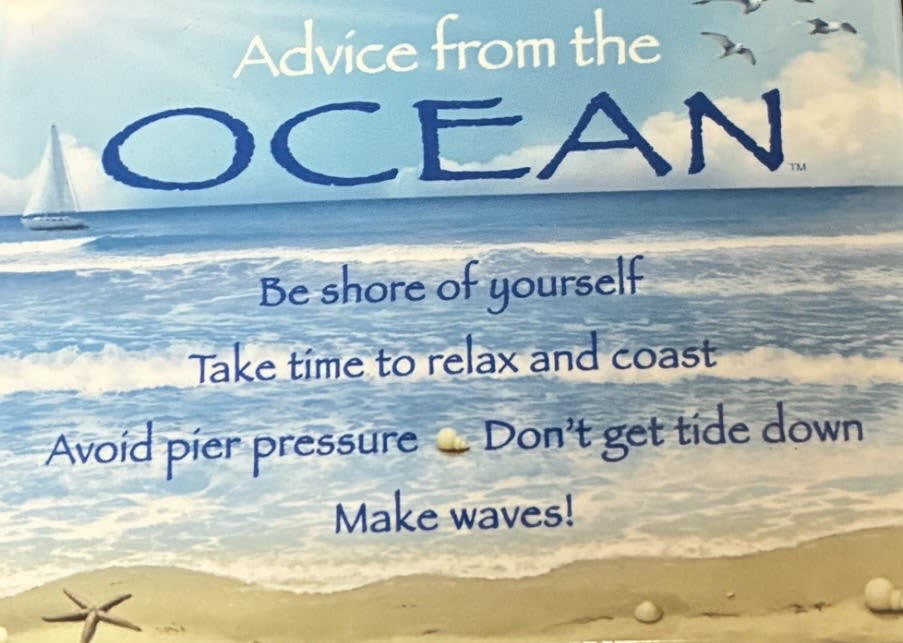 Advice From The Ocean Magnet - Advice from the Ocean. Be shore of yourself. Take time to relax and coast. Avoid pier pressure. Don't get tide down. Make waves!  Magnet  2 1/2 inch X 3 1/2 inch 