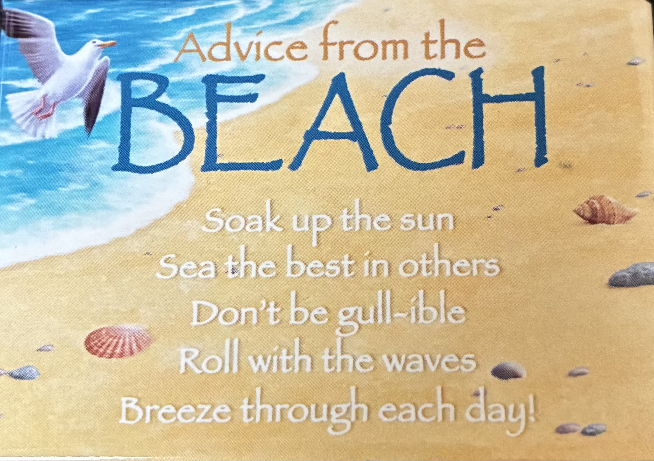 Advice From The Beach Magnet - Advice from the beach. Soak up the sun. Sea the best in others. Don't be gull-ible. Roll with the waves. Breeze through each day. Magnet. 2 1/2 inch X 3 1/2 inch.