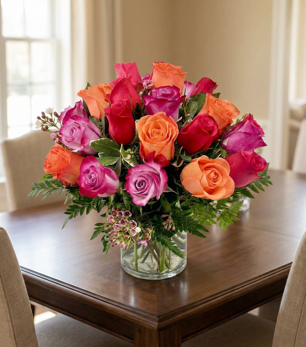 Bouquet of pink, orange, and red roses in a clear glass vase