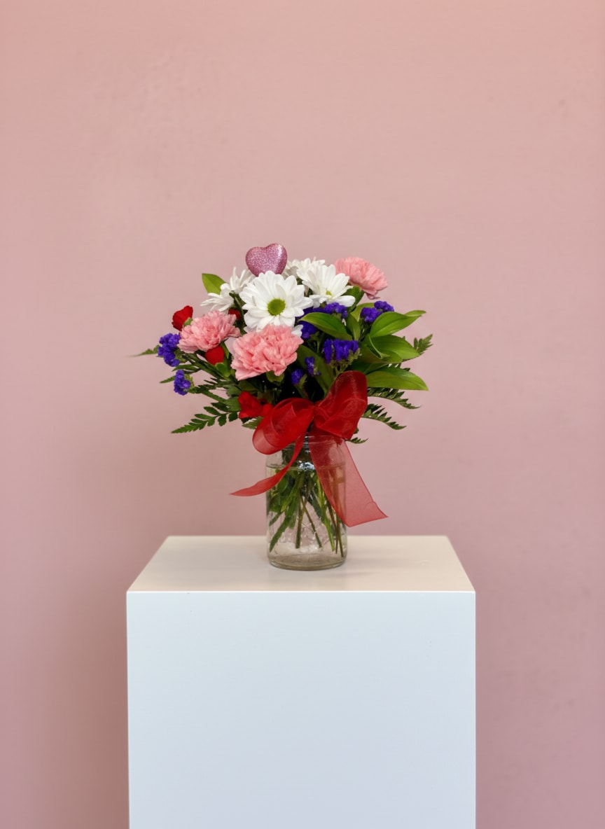 Bouquet of pink and white flowers in a glass vase with a red ribbon