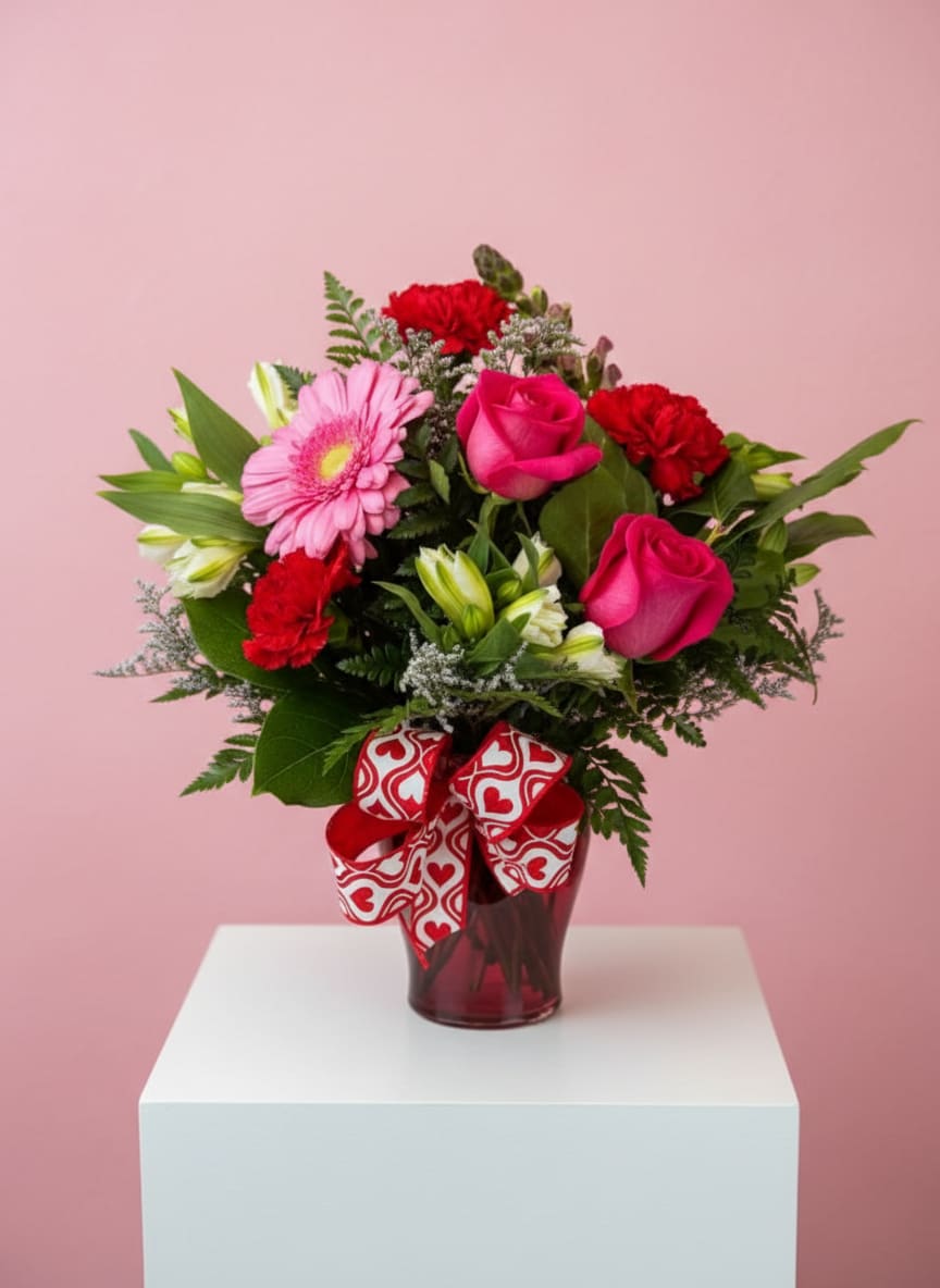 Pink and red mixed bouquet in a glass vase with a heart ribbon