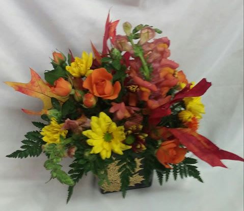 Fall blooms - assorted seasonal blooms to include:, roses carnations,chrysanthemums, alstroemaria, and leaves make up this festive arrangement in a 5x5 clear glass cube 