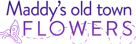 Purple florist logo reading "Maddy's old town FLOWERS" with a butterfly graphic.