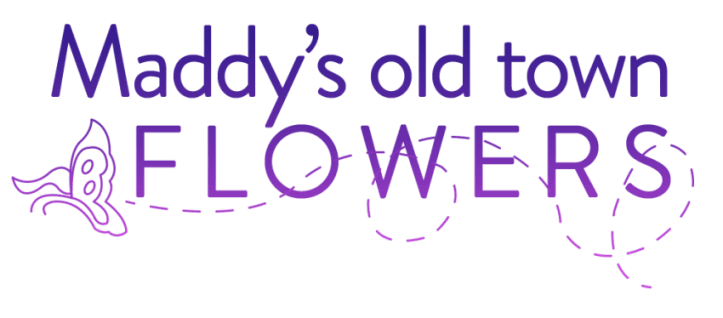 Purple "Maddy's old town FLOWERS" logo with a butterfly graphic