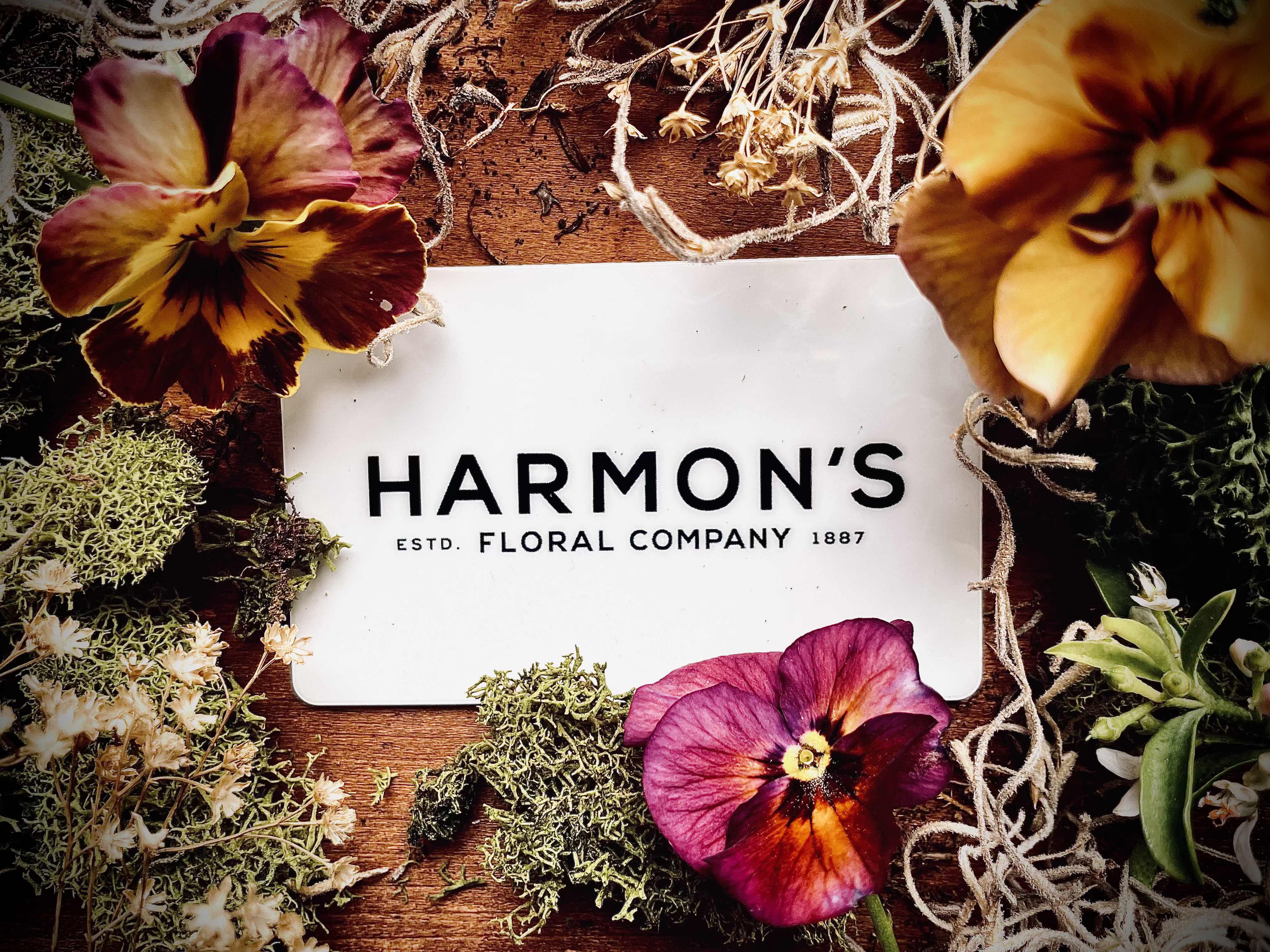 Pansies arranged around a Harmon's Floral Company card on a wooden surface.