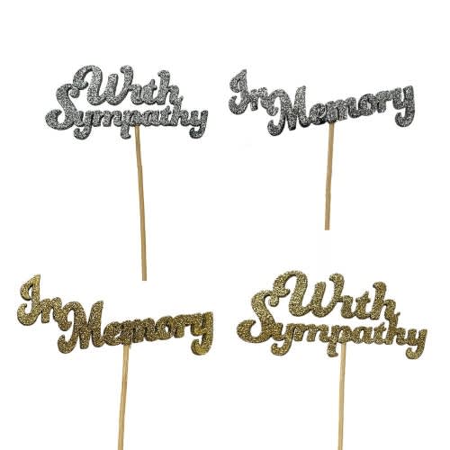 Glitter cake toppers reading With Sympathy and In Memory