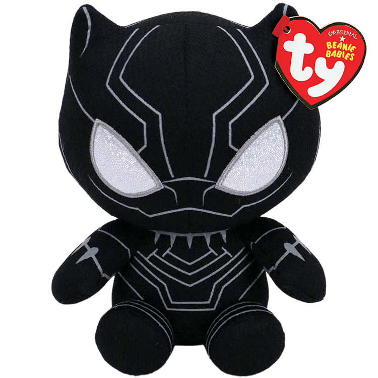 Black superhero plush toy with silver eye details and a red heart tag