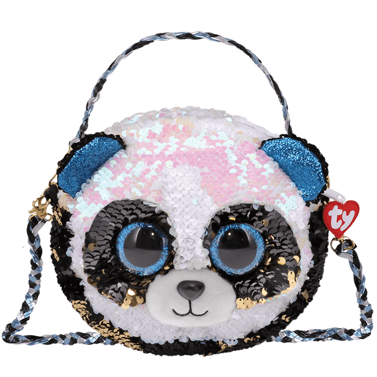 Sequin panda-face purse with a braided strap