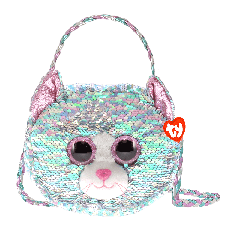 Sequin cat-shaped purse with braided strap and pink ears