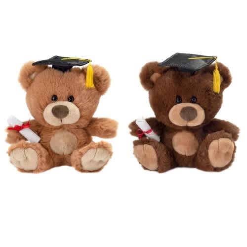 Two teddy bears wearing graduation caps and holding diplomas