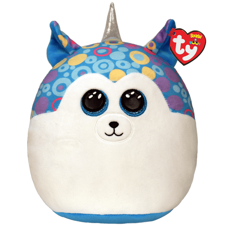 Plush blue-and-white animal toy with a silver horn and heart tag