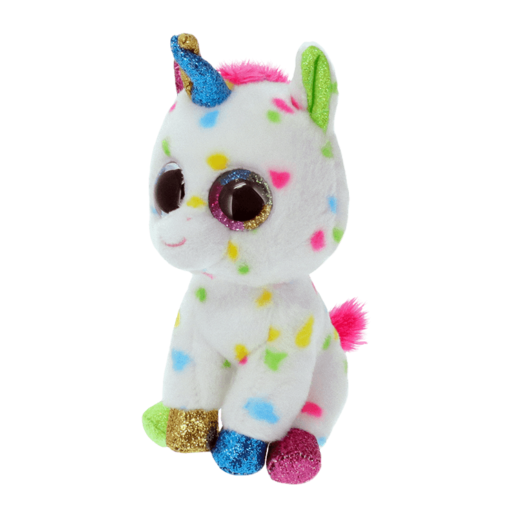 Plush unicorn toy with glittery horn and colorful spots