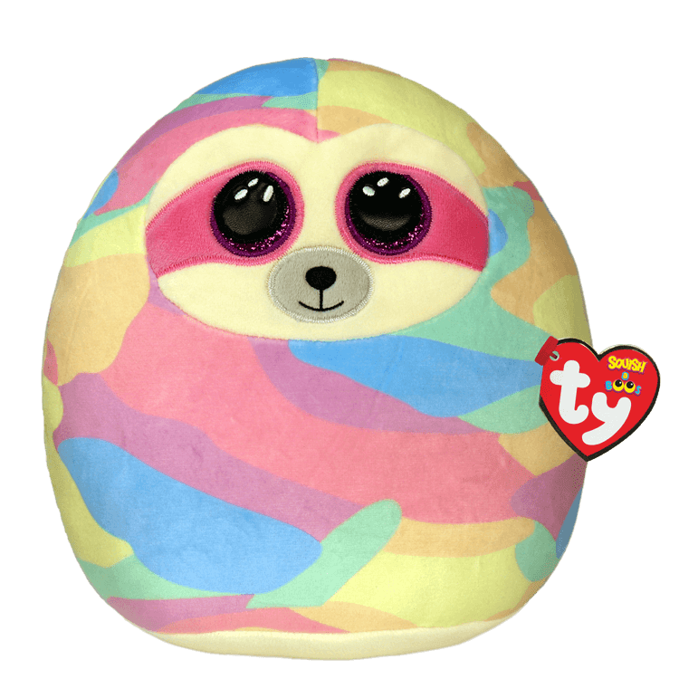 Rainbow plush sloth with large eyes and a heart-shaped Ty tag